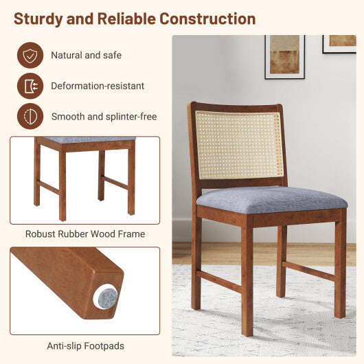 Rattan Dining Chair Set of 2 with Rubber Wood Frame and Linen Fabric Padded Seat-Walnut W2B