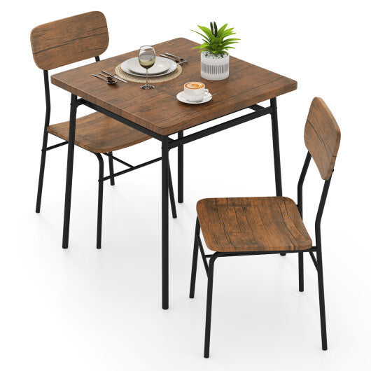 3 Piece Dining Table Set for 2 Wood Square Table with Metal Frame-Brown