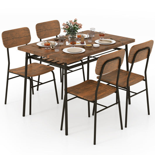 5-Piece Table Set for 4 with Metal Frame and Storage Rack-Brown