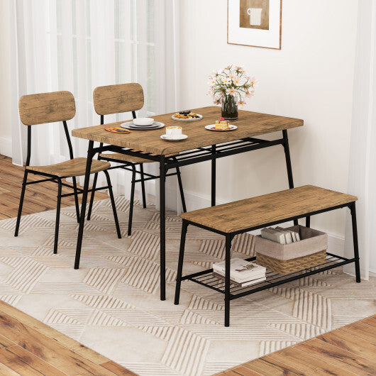 4 Piece Dining Table Set for 4 Metal Frame with Bench and 2 Chairs-Brown