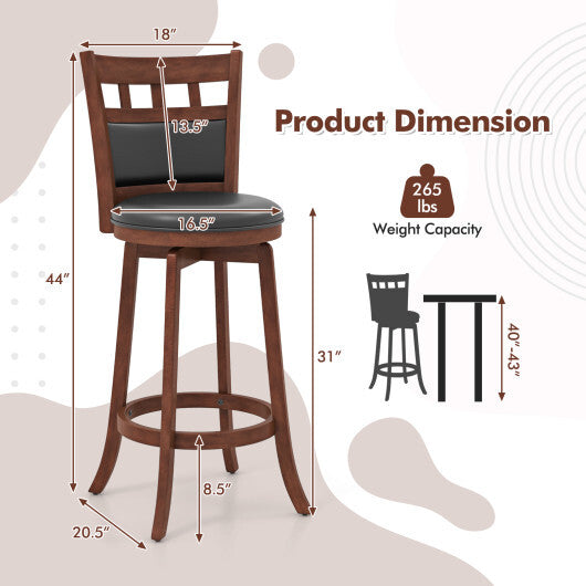 Wood Swivel Bar Stools Set of 2 with Faux Leather Upholstered Seat and Back-Brown