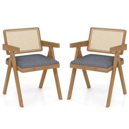 Set of 2 Rattan Accent Chairs with Padded Cushion and Rubber Wood Frame-Gray W2B