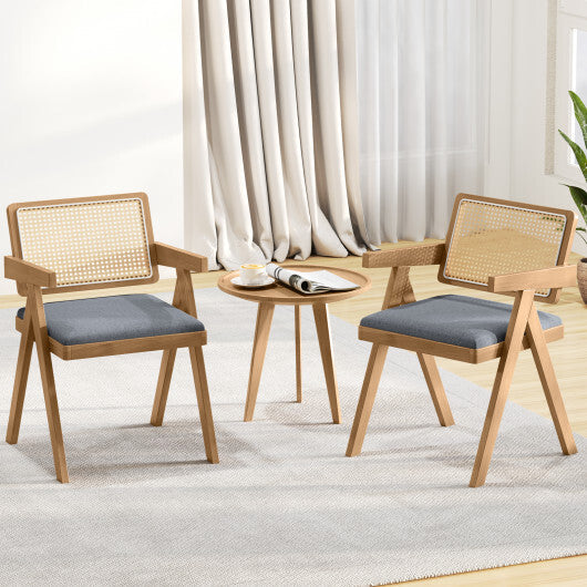 Set of 2 Rattan Accent Chairs with Padded Cushion and Rubber Wood Frame-Gray W2B