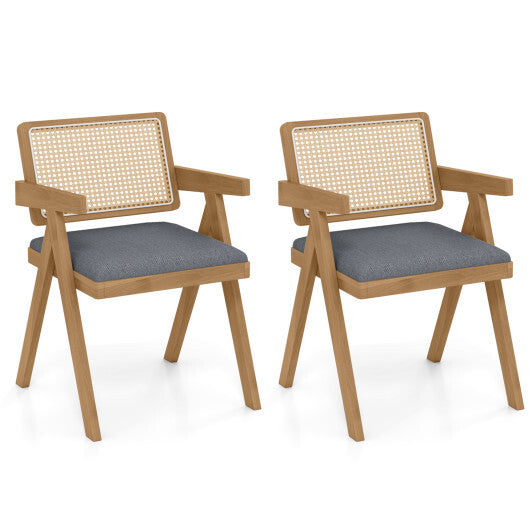 Set of 2 Rattan Accent Chairs with Padded Cushion and Rubber Wood Frame-Gray W2B
