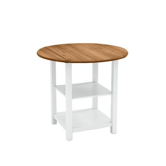 Folding Round Dining Table Drop Leaf Table with 2 Shelves for Small Spaces-White