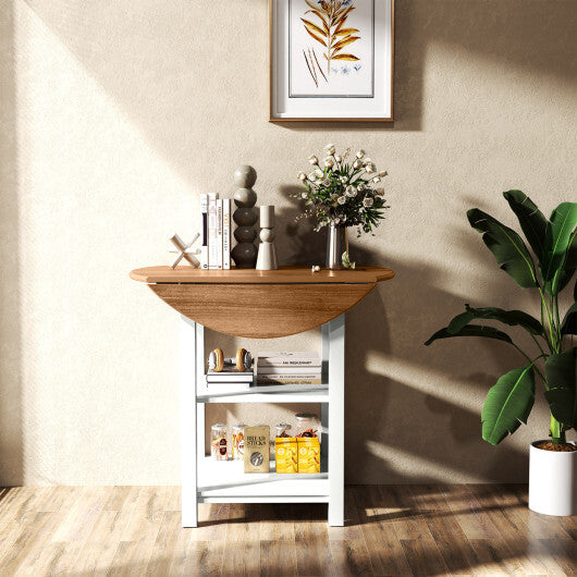 Folding Round Dining Table Drop Leaf Table with 2 Shelves for Small Spaces-White