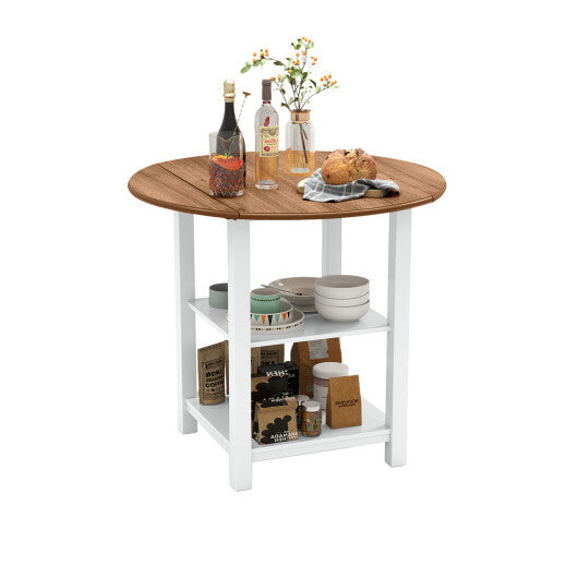 Folding Round Dining Table Drop Leaf Table with 2 Shelves for Small Spaces-White