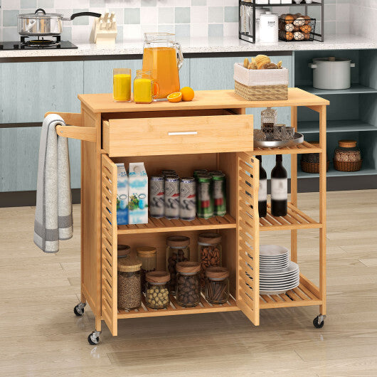 Kitchen Island Cart on Wheels with Sturdy Bamboo Frame-Natural