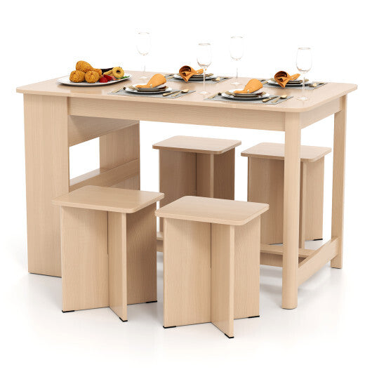 5 Pieces Dining Table Set with Storage Shelf and 4 Stools-Natural