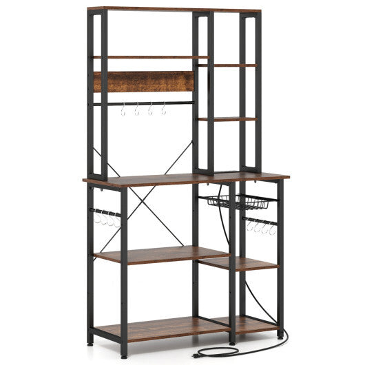 6-Tier Bakers Rack with Power Outlet Stand Wooden Open Shelves-Rusticbrown W2B