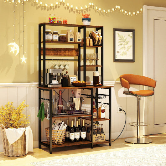 6-Tier Bakers Rack with Power Outlet Stand Wooden Open Shelves-Rusticbrown W2B