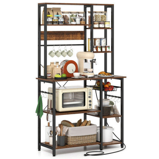 6-Tier Bakers Rack with Power Outlet Stand Wooden Open Shelves-Rusticbrown W2B
