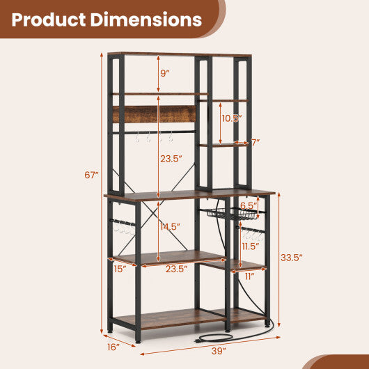 6-Tier Bakers Rack with Power Outlet Stand Wooden Open Shelves-Rusticbrown W2B