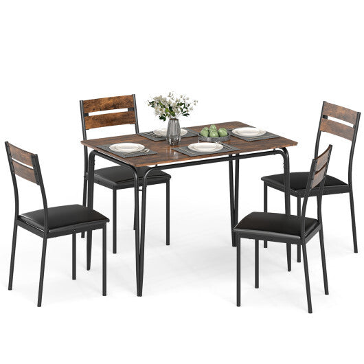 5-Piece Dining Table Set Industrial Rectangular Kitchen Table and 4 Armless Chairs-Rustic Brown W2B