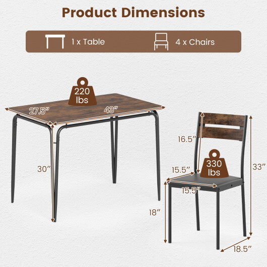 5-Piece Dining Table Set Industrial Rectangular Kitchen Table and 4 Armless Chairs-Rustic Brown W2B
