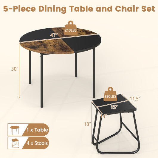 5-Piece Dining Set for 4 47 Inch Round  Kitchen Table and 4 Stools-Brown W2B