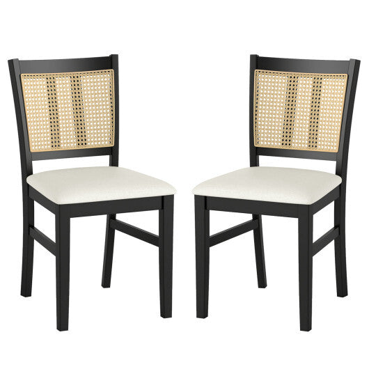 Farmhouse Rattan Dining Chair Set of 2 with Rubber Wood Legs and Cane Back-Beige