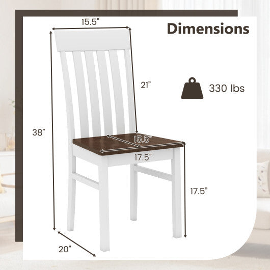 Set of 2 Kitchen Armless Dining Chairs with Slatted High Backrests-White