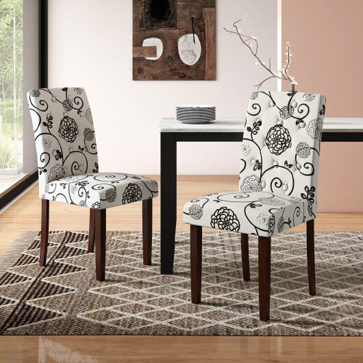 Button Tufted Fabric Upholstered Wooden Dining Chair Set of 2 with High Curved Back-Gray