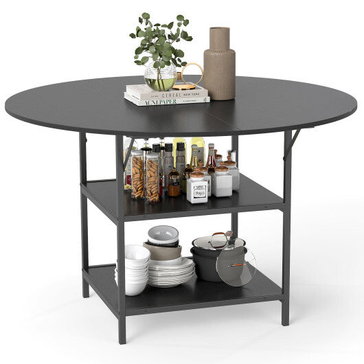 47 Inch Round Dining Table for 4-6 People Large Kitchen Table with 2-Tier Storage Shelves-Black W2B