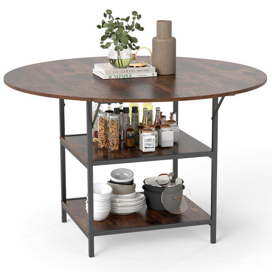 47 Inch Round Dining Table for 4-6 People Large Kitchen Table with 2-Tier Storage Shelves-Black W2B
