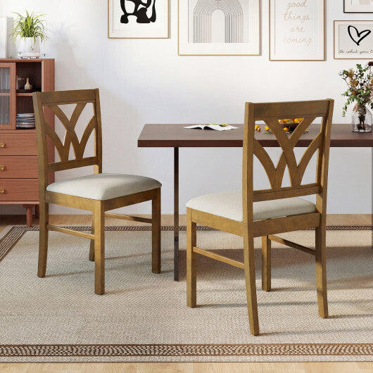 Set of 2 Wooden Dining Chairs Upholstered with Hollowed Backrest and Soft Padded Seat-Oak W2B