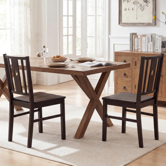 Set of 2 Solid Rubber Wood Kitchen Chairs with Slatted Curved Backrest-Coffee W2B