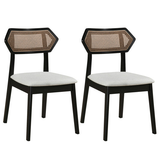 Mid Century Rattan Dining Chairs Set of 2 with Rattan Back and Solid Wood Frame-Black W2B