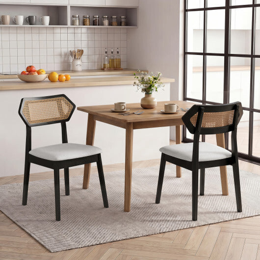 Mid Century Rattan Dining Chairs Set of 2 with Rattan Back and Solid Wood Frame-Black W2B