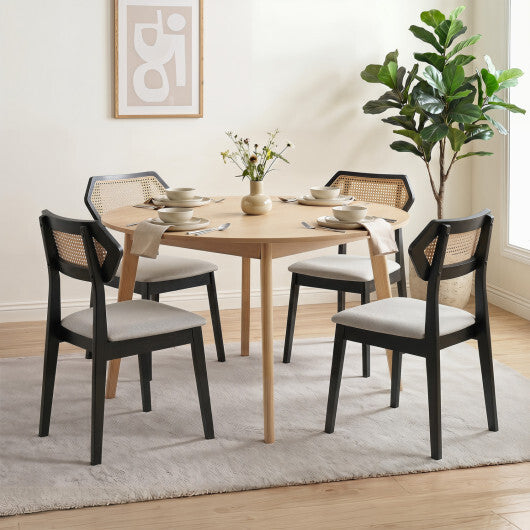 Mid Century Rattan Dining Chairs Set of 2 with Rattan Back and Solid Wood Frame-Black W2B
