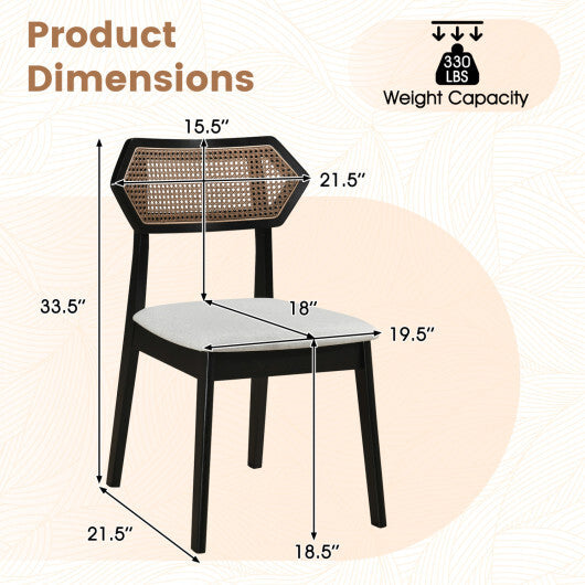 Mid Century Rattan Dining Chairs Set of 2 with Rattan Back and Solid Wood Frame-Black W2B