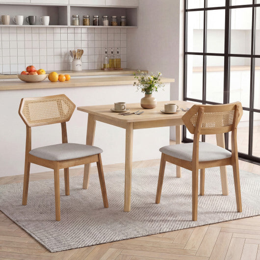 Mid Century Rattan Dining Chairs Set of 2 with Rattan Back and Solid Wood Frame-Black W2B