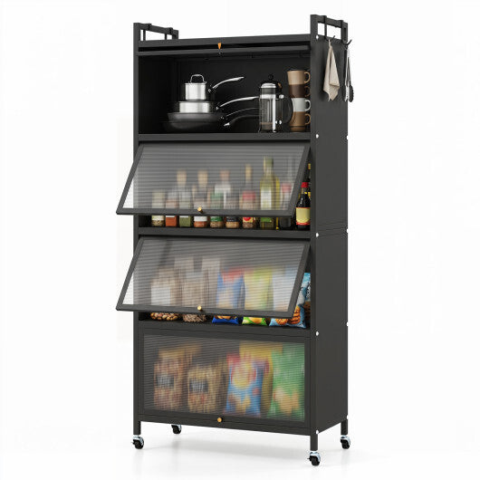 5-Tier Kitchen Storage Cabinet with 4 Flip-up PC Doors Adjustable Feet and Rolling Wheels-White W2B