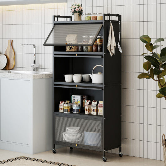 5-Tier Kitchen Storage Cabinet with 4 Flip-up PC Doors Adjustable Feet and Rolling Wheels-White W2B