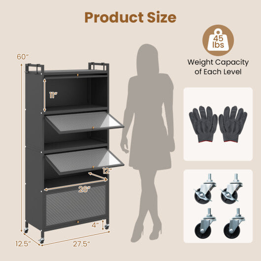 5-Tier Kitchen Storage Cabinet with 4 Flip-up PC Doors Adjustable Feet and Rolling Wheels-White W2B