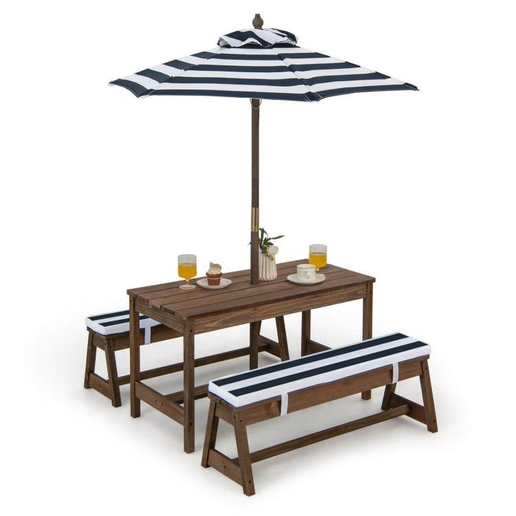 Kids Outdoor Wooden Picnic Table Bench Chairs Cushions Umbrella Set Navy/White FastFurnishings