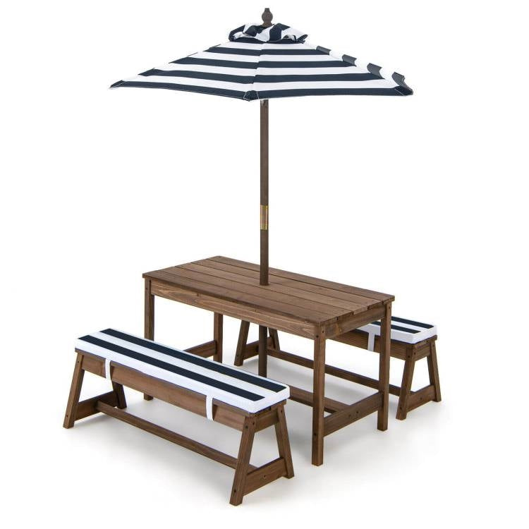 Kids Outdoor Wooden Picnic Table Bench Chairs Cushions Umbrella Set Navy/White FastFurnishings