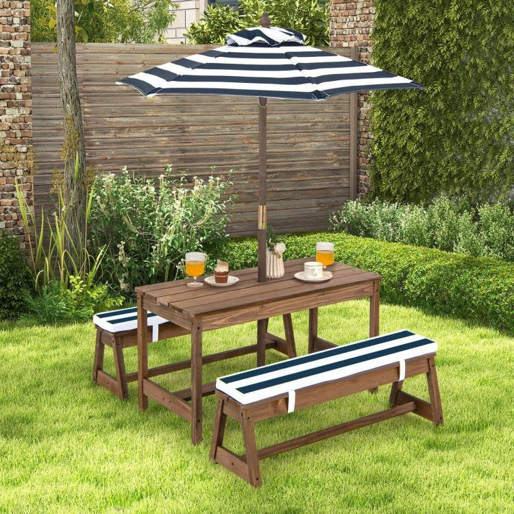 Kids Outdoor Wooden Picnic Table Bench Chairs Cushions Umbrella Set Navy/White FastFurnishings
