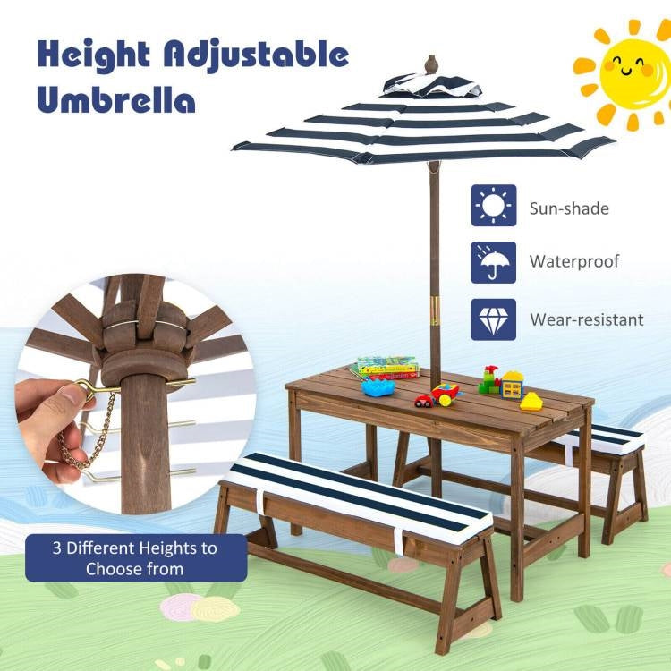 Kids Outdoor Wooden Picnic Table Bench Chairs Cushions Umbrella Set Navy/White FastFurnishings