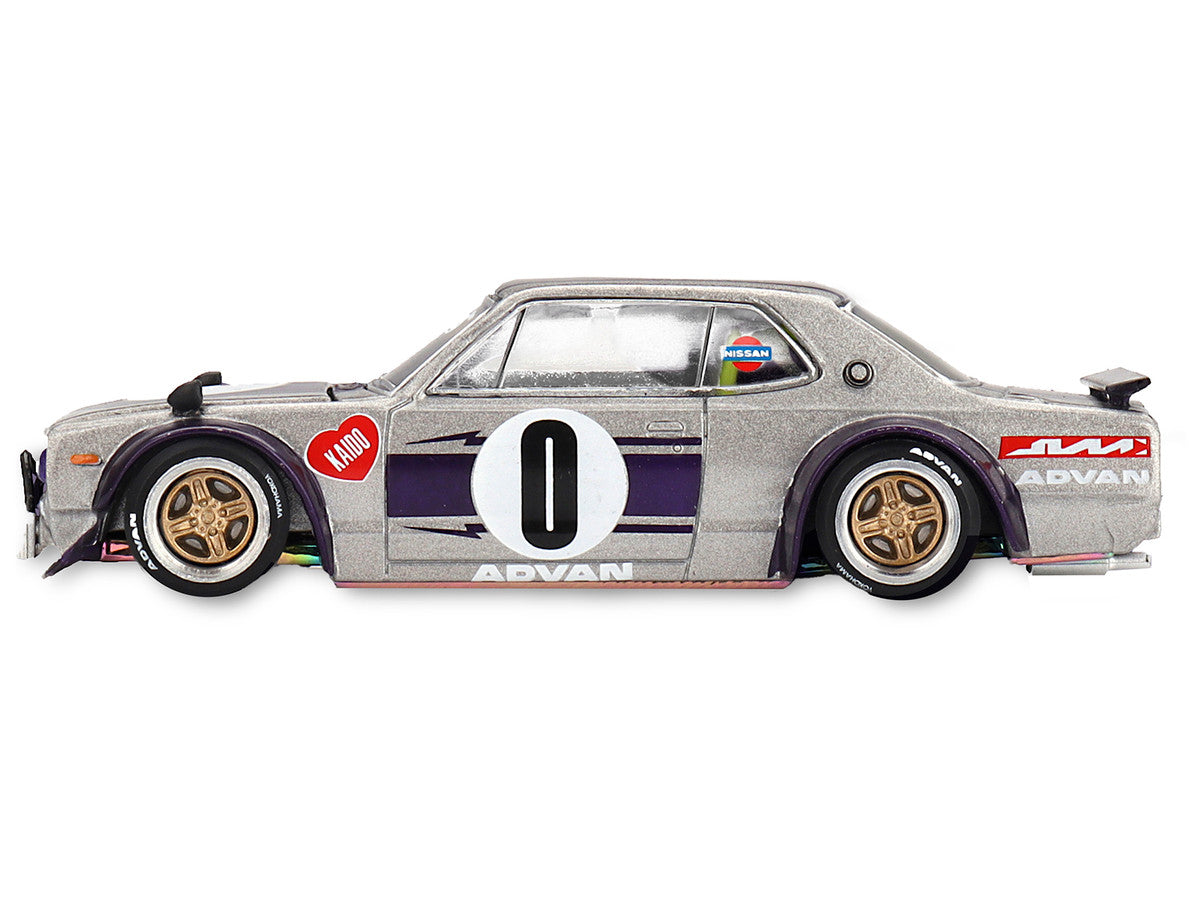 Nissan Skyline 2000GT-R (KPGC10) "Kaido Works V1" RHD (Right Hand Drive) #0 Silver Metallic with Purple Stripes (Designed by Jun Imai) "Kaido House" Special 1/64 Diecast Model Car by Mini GT Mini GT