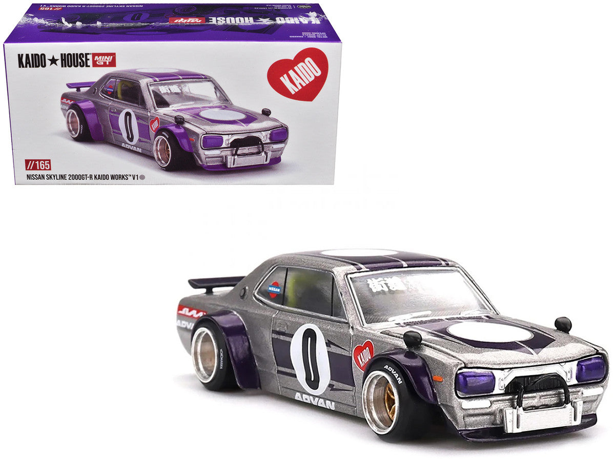 Nissan Skyline 2000GT-R (KPGC10) "Kaido Works V1" RHD (Right Hand Drive) #0 Silver Metallic with Purple Stripes (Designed by Jun Imai) "Kaido House" Special 1/64 Diecast Model Car by Mini GT Mini GT
