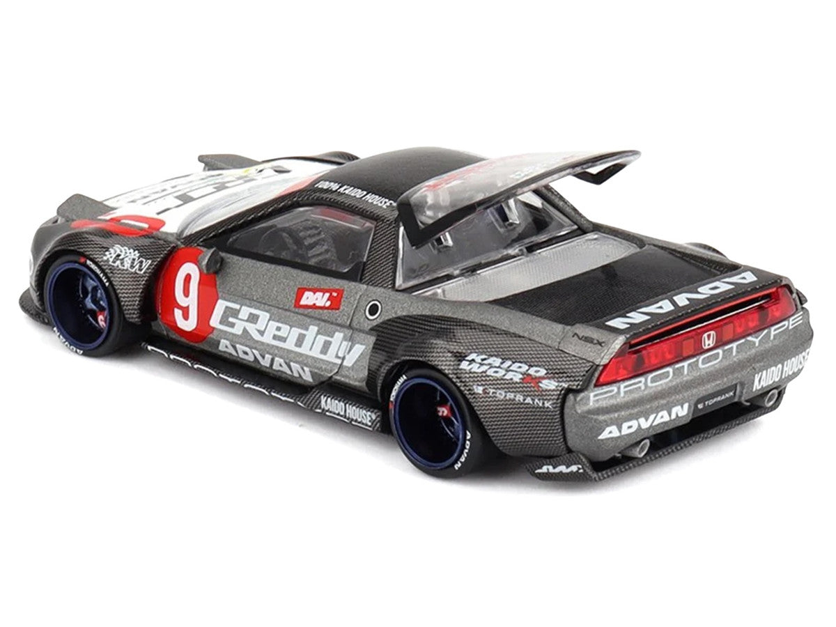 Honda NSX "Kaido Test Car Spec V1" #9 Gray Metallic with Carbon Top and Graphics (Designed by Jun Imai) "Kaido House" Special 1/64 Diecast Model Car by Mini GT-0