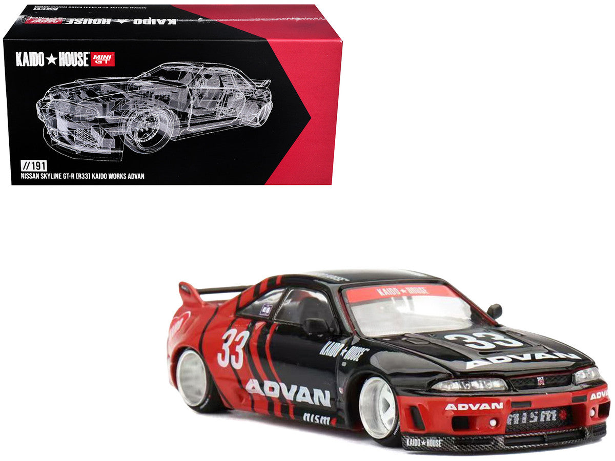 Nissan Skyline GT-R (R33) "Kaido Works" RHD (Right Hand Drive) #33 "ADVAN" Black and Red (Designed by Jun Imai) "Kaido House" Special 1/64 Diecast Model Car by Mini GT-4