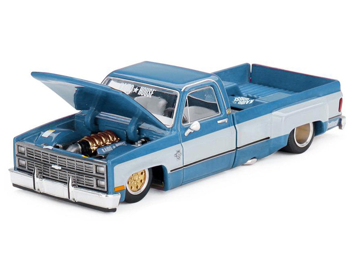 Chevrolet Silverado Dually Pickup Truck "Vintage Spec V1" Light Blue Metallic with White Sides and Interior (Designed by Jun Imai) "Kaido House" Special 1/64 Diecast Model Car by Mini GT Mini GT