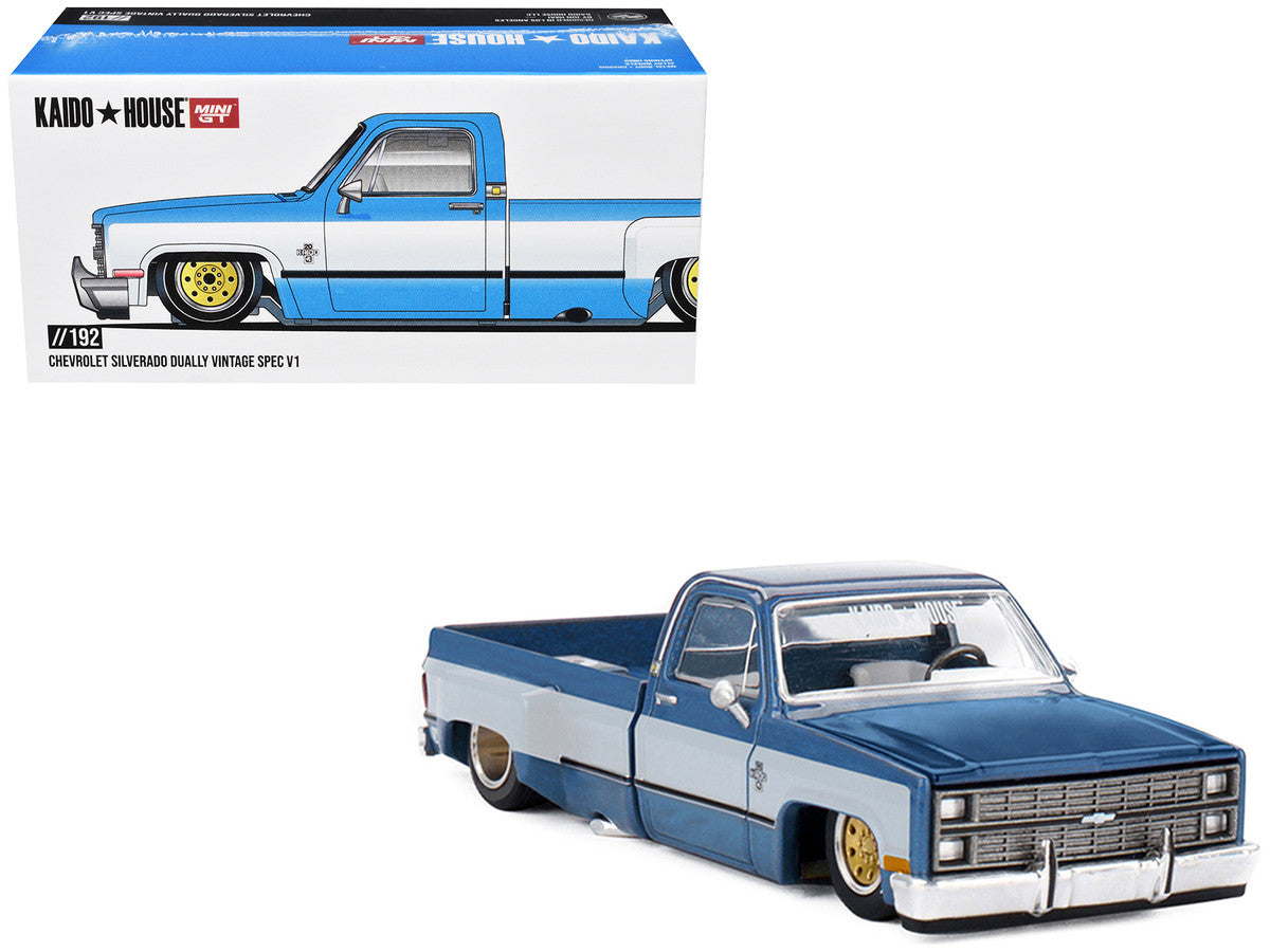 Chevrolet Silverado Dually Pickup Truck "Vintage Spec V1" Light Blue Metallic with White Sides and Interior (Designed by Jun Imai) "Kaido House" Special 1/64 Diecast Model Car by Mini GT Mini GT