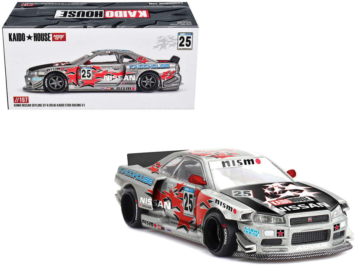 Nissan Skyline GT-R (R34) "Kaido Star Racing V1" RHD (Right Hand Drive) #25 Gray Metallic with Black Hood and Graphics (Designed by Jun Imai) "Kaido House" Special 1/64 Diecast Model Car by Mini GT Mini GT