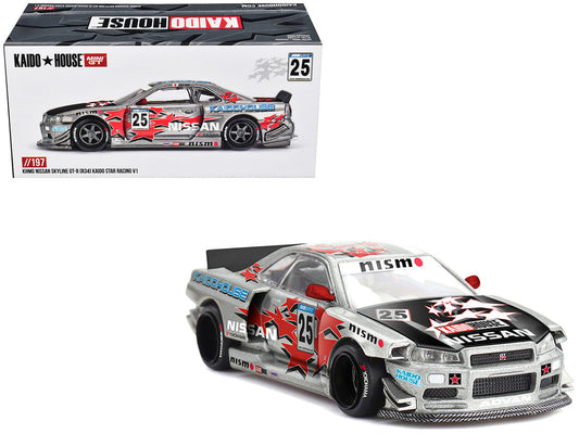 Nissan Skyline GT-R (R34) "Kaido Star Racing V1" RHD (Right Hand Drive) #25 Gray Metallic with Black Hood and Graphics (Designed by Jun Imai) "Kaido House" Special 1/64 Diecast Model Car by Mini GT Mini GT