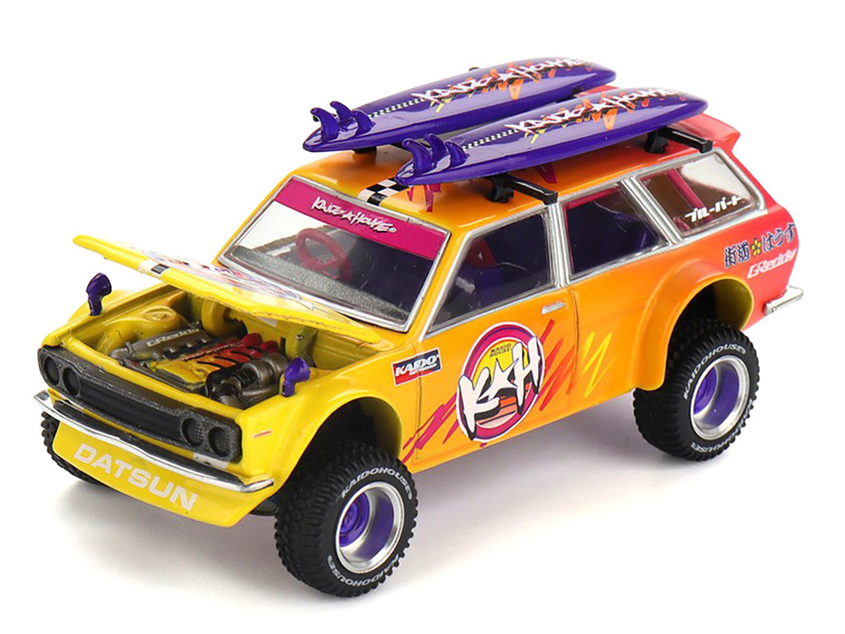 Datsun Kaido 510 Wagon 4x4 RHD (Right Hand Drive) "Kaido Islands V1" Yellow to Red Gradient with Surfboards (Designed by Jun Imai) "Kaido House" Special 1/64 Diecast Model Car by Mini GT Mini GT