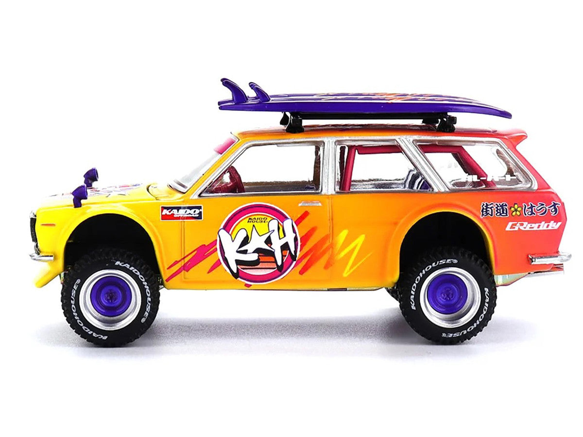 Datsun Kaido 510 Wagon 4x4 RHD (Right Hand Drive) "Kaido Islands V1" Yellow to Red Gradient with Surfboards (Designed by Jun Imai) "Kaido House" Special 1/64 Diecast Model Car by Mini GT Mini GT