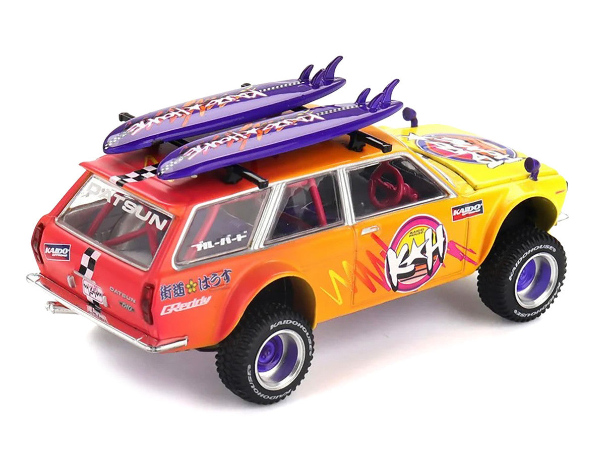 Datsun Kaido 510 Wagon 4x4 RHD (Right Hand Drive) "Kaido Islands V1" Yellow to Red Gradient with Surfboards (Designed by Jun Imai) "Kaido House" Special 1/64 Diecast Model Car by Mini GT Mini GT
